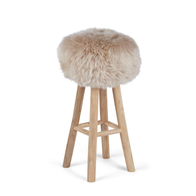 Holzbarhocker mit Lammfell | Langhaar | Neuseeland