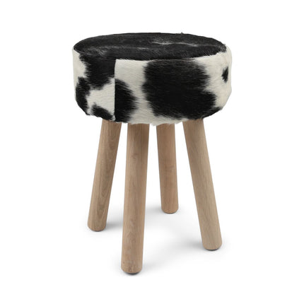 Holzhocker mit Kuhfell | 48xD34 cm Stühle | Lammfellhaus.at
