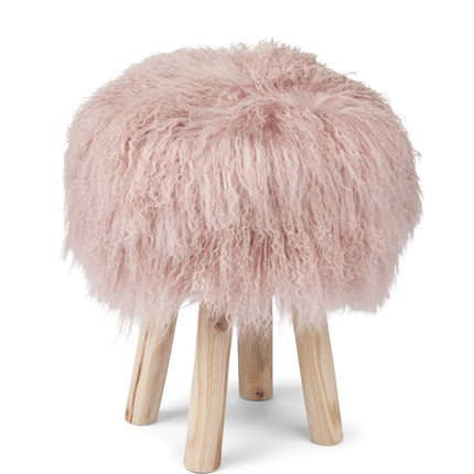 Holzhocker mit Lammfell | Tibet | 48xD34 cm Rosa