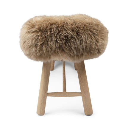 Holzbank mit Lammfell | Langhaar | Neuseeland | Eichenbeine | 140x35x45 cm Taupe