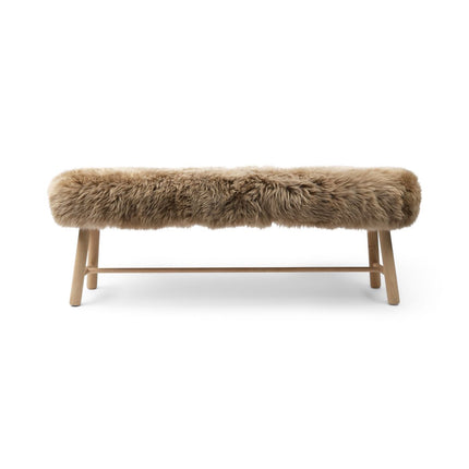 Holzbank mit Lammfell | Langhaar | Neuseeland | Eichenbeine | 140x35x45 cm Taupe