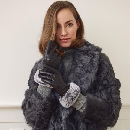 Kassandra | Lederhandschuhe | Kaninchenfell Schwarz/Schneespitze