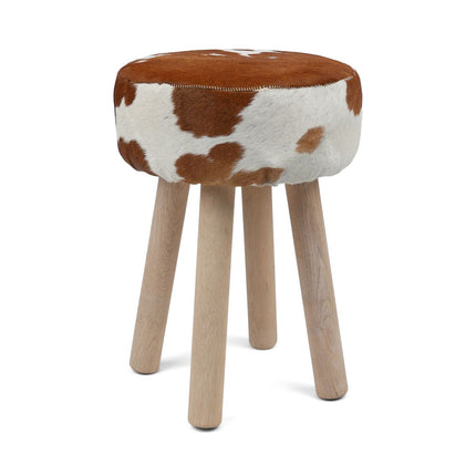 Holzhocker mit Kuhfell | 48xD34 cm Stühle | Lammfellhaus.at