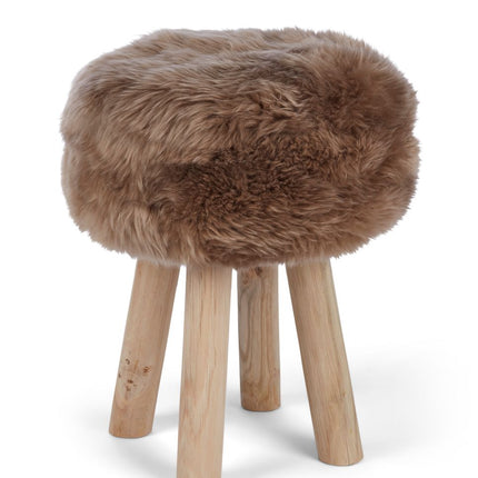 Holzhocker mit Lammfell | Langhaar | Neuseeland | 48xD34 cm