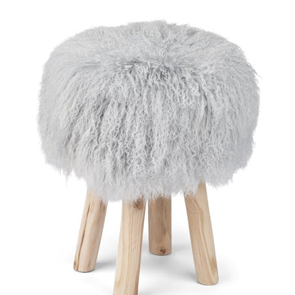 Holzhocker mit Lammfell | Tibet | 48xD34 cm Hellgrau