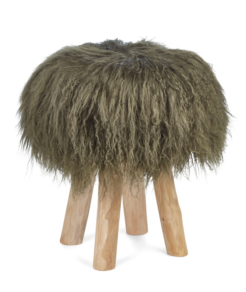 Holzhocker mit Lammfell | Tibet | 48xD34 cm Heckengrün