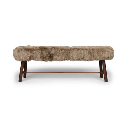 Holzbank mit Lammfell | Langhaar | Neuseeland | Dunkle Eichenbeine | 140x35x45 cm Taupe