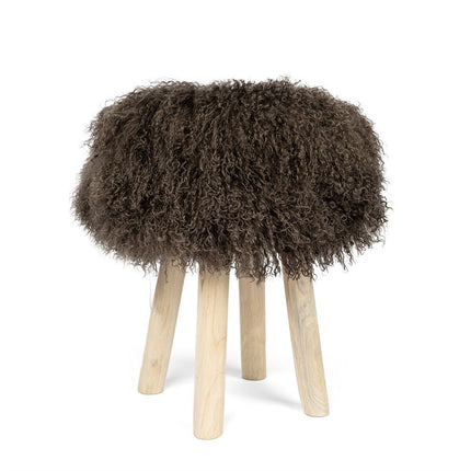 Holzhocker mit Lammfell | Tibet | 48xD34 cm Taupe