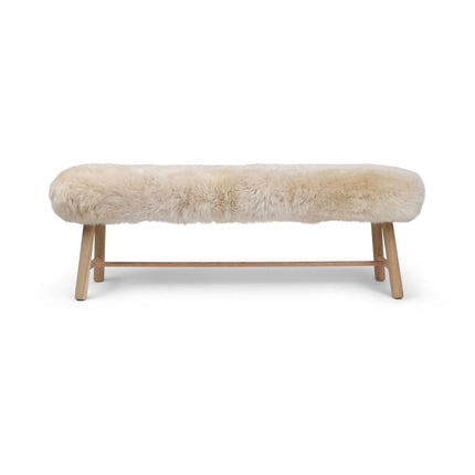 Holzbank mit Lammfell | Langhaar | Neuseeland | Eichenbeine | 140x35x45 cm Leinen