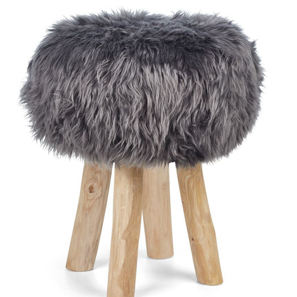 Holzhocker mit Lammfell | Langhaar | Neuseeland | 48xD34 cm Stahl