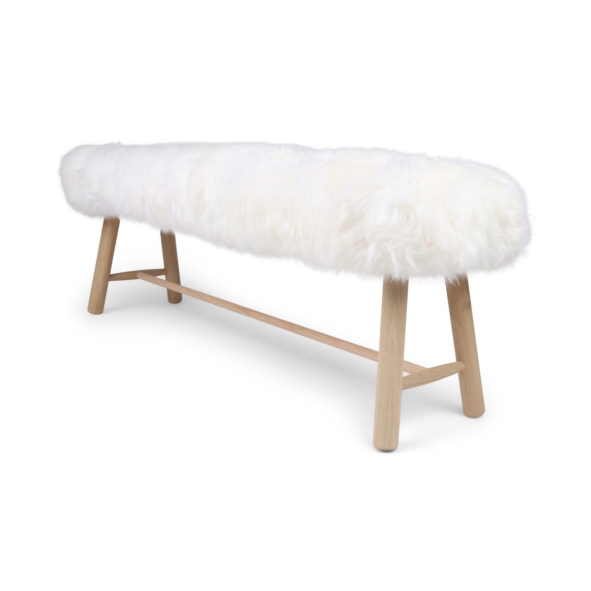 Holzbank mit Lammfell | Langhaar | Neuseeland | Eichenbeine | 140x35x45 cm Bänke | Lammfellhaus.at