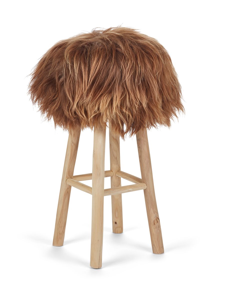 Holzbarhocker mit Lammfell | Island Rostbraun