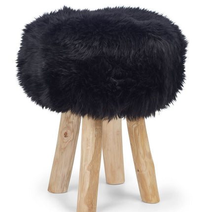 Holzhocker mit Lammfell | Langhaar | Neuseeland | 48xD34 cm Schwarz