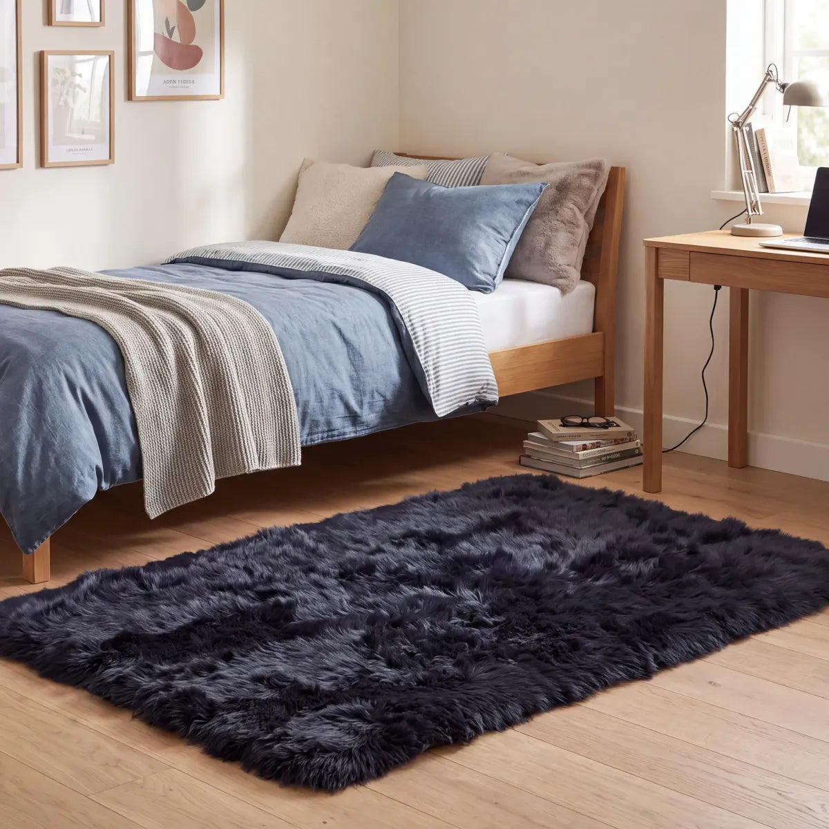 Lammfell Designerteppich Premium | Langhaar | Neuseeland Marineblau