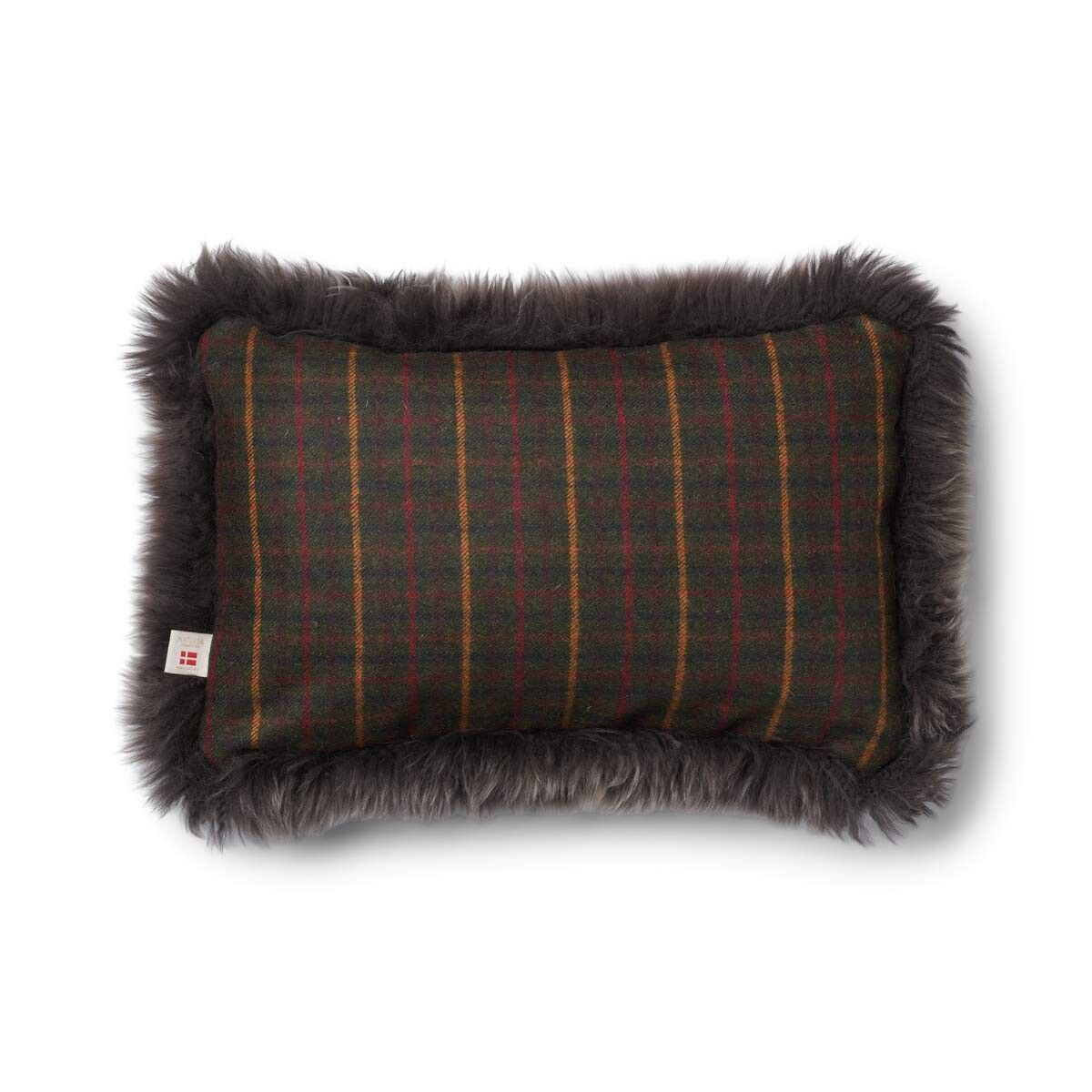 Kariertes Lammfellkissen | Langhaar | Neuseeland | 100% Wolle | 52x52 cm | 34x52 cm Kilberry Fir-Dunkelgrün/Walnuss
