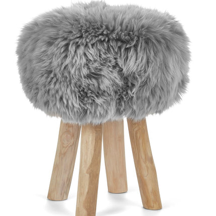 Holzhocker mit Lammfell | Langhaar | Neuseeland | 48xD34 cm Hellgrau