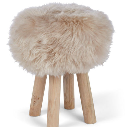 Holzhocker mit Lammfell | Langhaar | Neuseeland | 48xD34 cm Leinen
