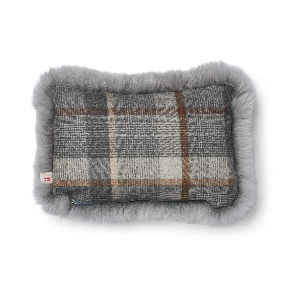 Kariertes Lammfellkissen | Langhaar | Neuseeland | 100% Wolle | 52x52 cm | 34x52 cm Glencheck-Grau/Hellgrau