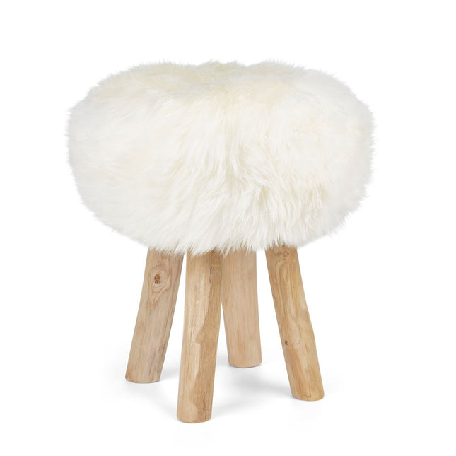 Holzhocker mit Lammfell | Langhaar | Neuseeland | 48xD34 cm