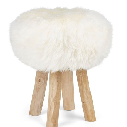 Holzhocker mit Lammfell | Langhaar | Neuseeland | 48xD34 cm Weiß