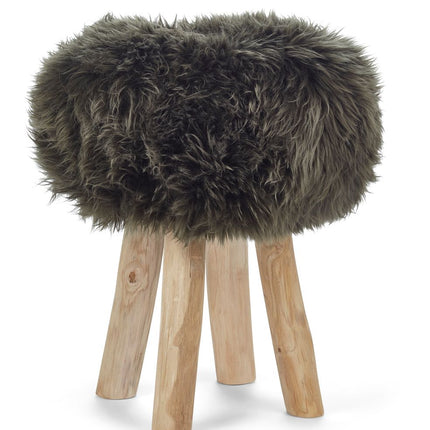 Holzhocker mit Lammfell | Langhaar | Neuseeland | 48xD34 cm Heckengrün