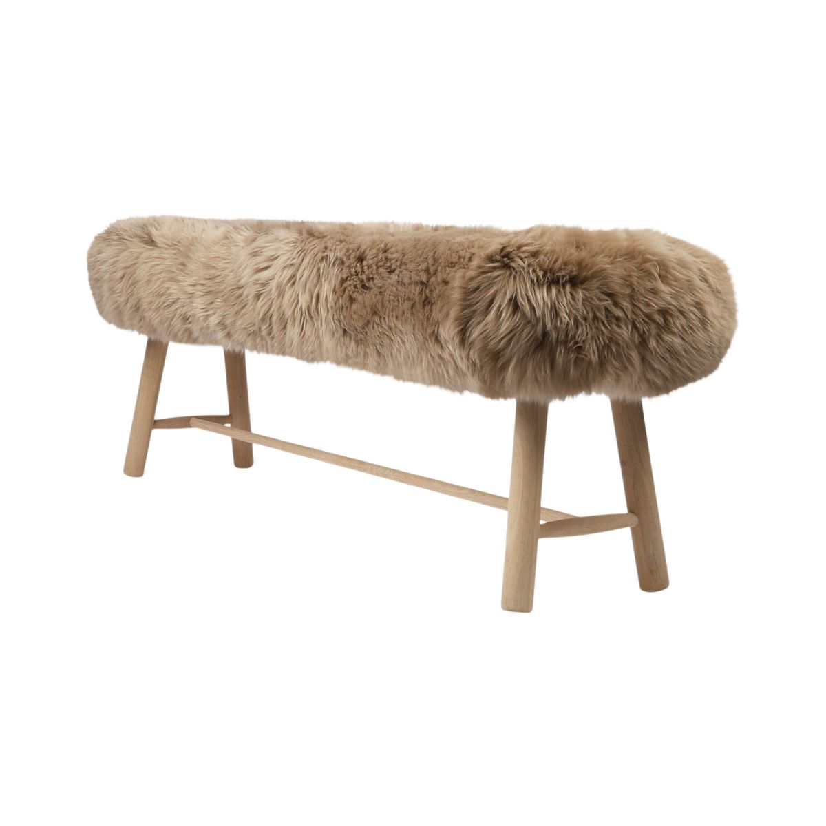 Holzbank mit Lammfell | Langhaar | Neuseeland | Eichenbeine | 140x35x45 cm Bänke | Lammfellhaus.at