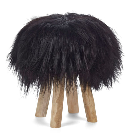 Holzhocker mit Lammfell | Island | 48xD34 cm Schwarz