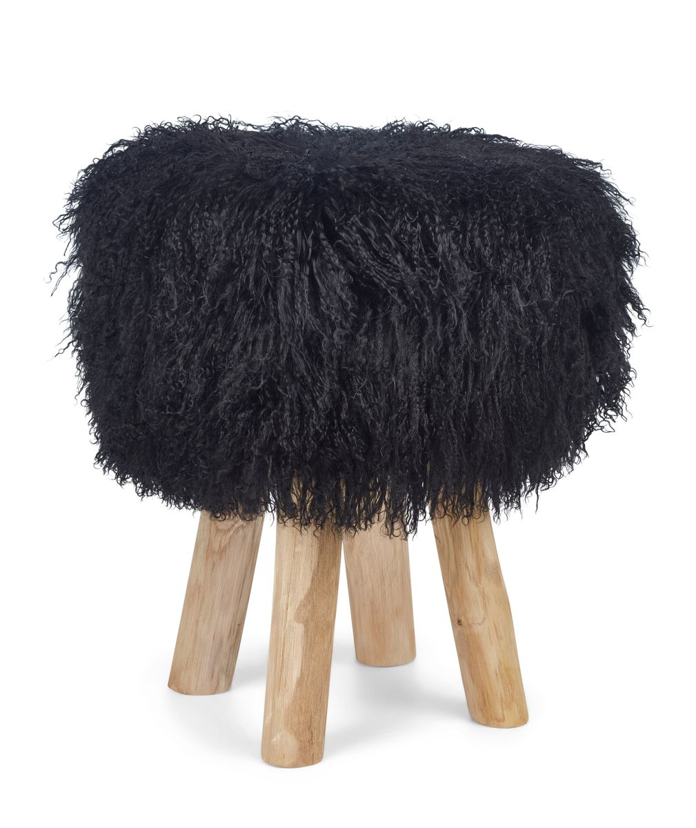 Holzhocker mit Lammfell | Tibet | 48xD34 cm Schwarz