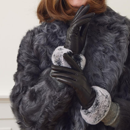 Kassandra | Lederhandschuhe | Kaninchenfell Schwarz/Schneespitze