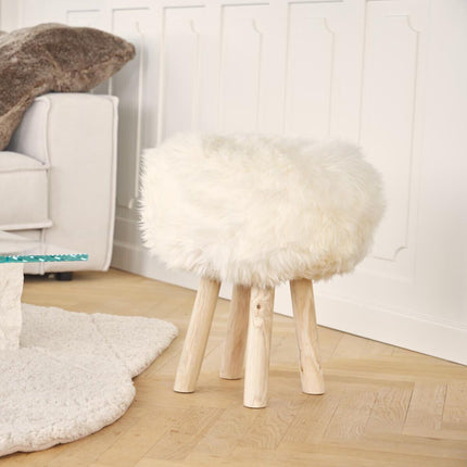 Holzhocker mit Lammfell | Langhaar | Neuseeland | 48xD34 cm Hellgrau